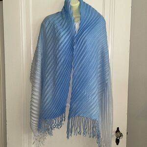 Light blue & white‎ hombre pleated polyester large wrap with fringe